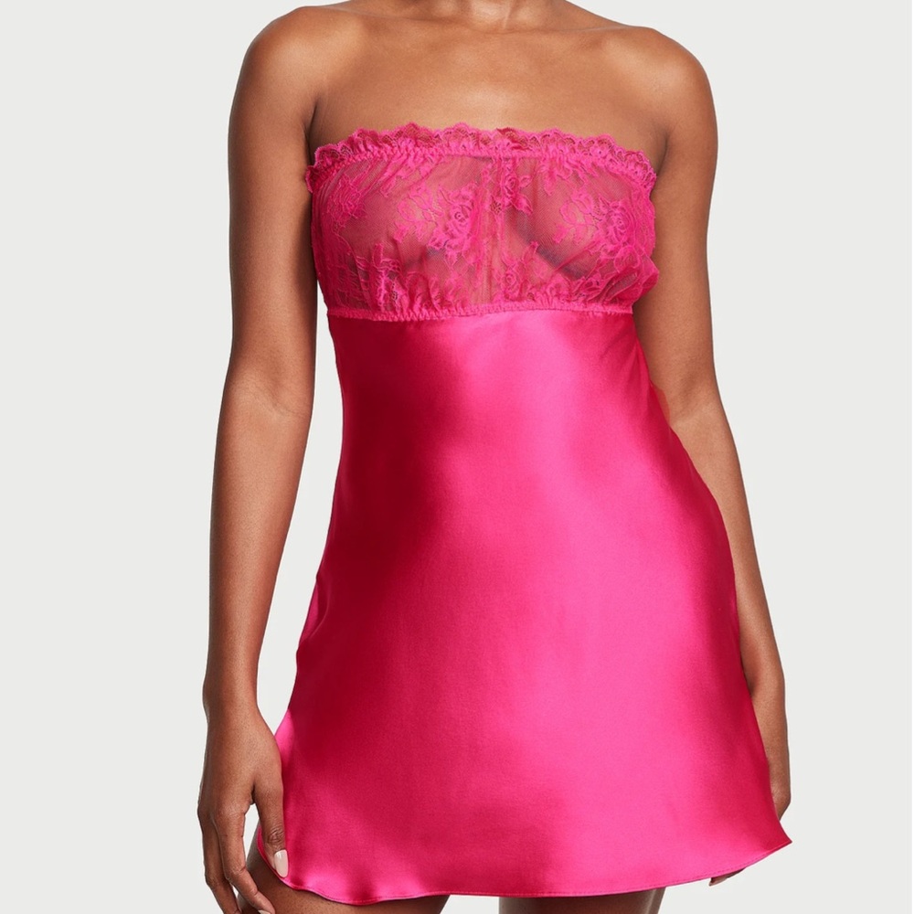 NWT Victoria's Secret Archives M XL 100% Silk Strapless Slip Dress Floral Lace